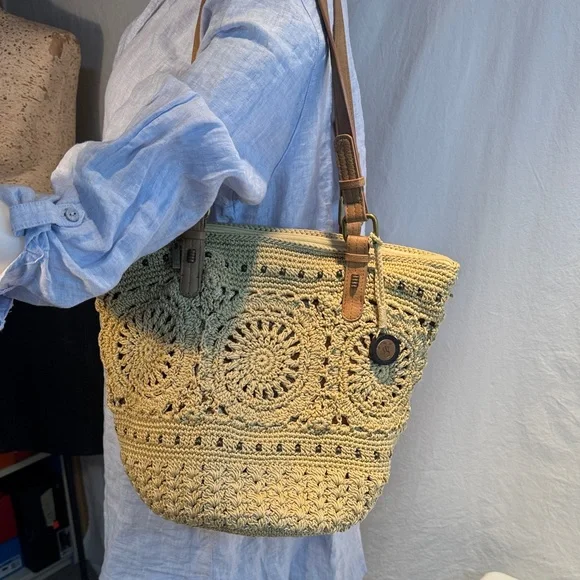 Woven Crochet Tote Bag with Leather Straps - Beige - Picture 3 of 13
